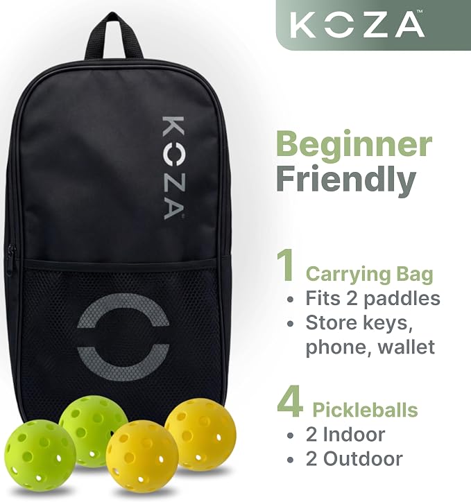 KOZA Pickleball Paddle Set with 2 Paddles, 4 Balls, Carry Bag, 14mm Frame