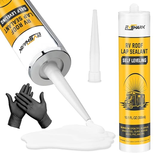 RV Roof Sealant, 30 Seconds Self Leveling Lap Sealant – White, Fast Curing Waterproof Flexible Caulk RV Sealant with Gloves for Camper Trailer Roofs Maintenance Repair