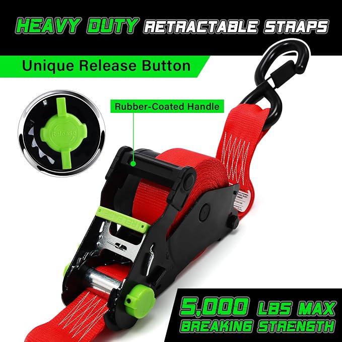 Retractable Ratchet Straps (2pk) -Patented | 1.5 in x 16 ft Heavy Duty Auto Ratchet Straps with Soft Loops | Perfect Automatic Tie Downs for Motorcycle,Kayak and Truck | Break Strength 5,000LBS/2268KG