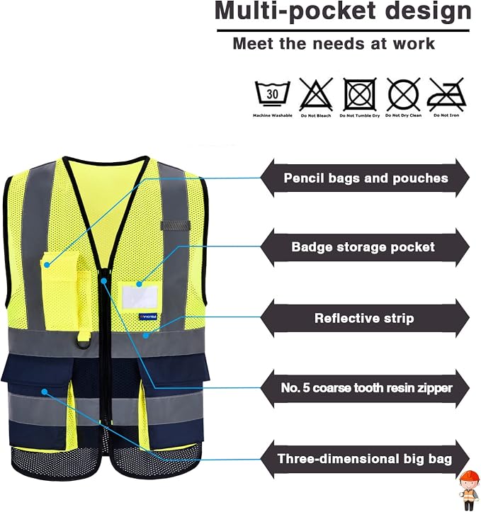 A-SAFETY navy blue and neon yellow work vest