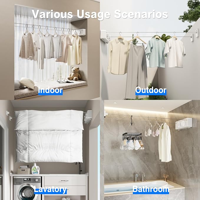 MUSTORN Retractable Twin Clothesline Indoor, Non-Sagging Outdoor Clothes Line Retracting Heavy Duty Clothes Drying Laundry Line Wall Mounted Stainless Steel Line-13.8Feets(Double Line-White)