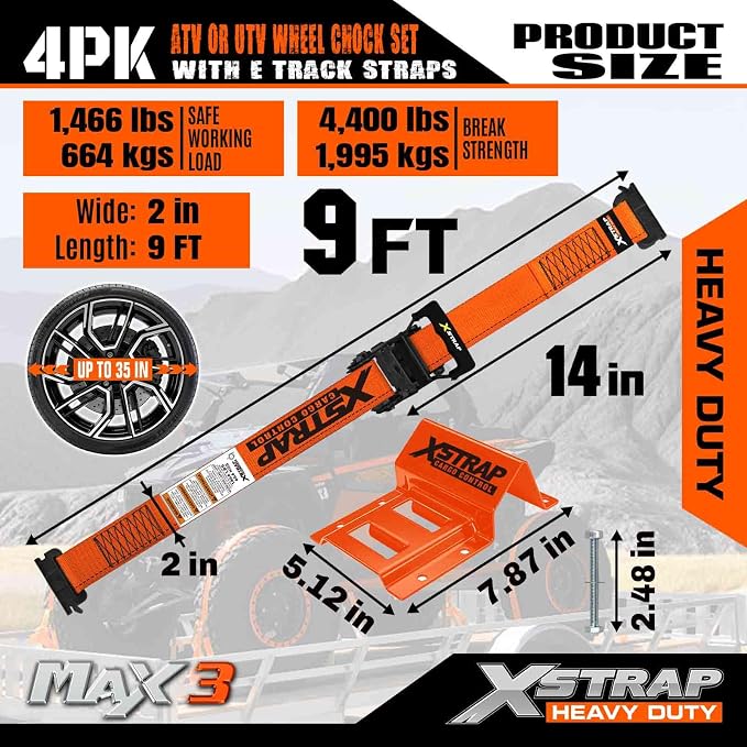 XSTRAP STANDARD Wheel Chock E-Track Tie Down Straps Kit, 4 Pack 2" x 9FT Over-The-Tire Ratchet Straps with Steel Wheel Chocks, 1466 lbs WLL for ATV, UTV, Lawn Mower, Trailer Hauling, Orange