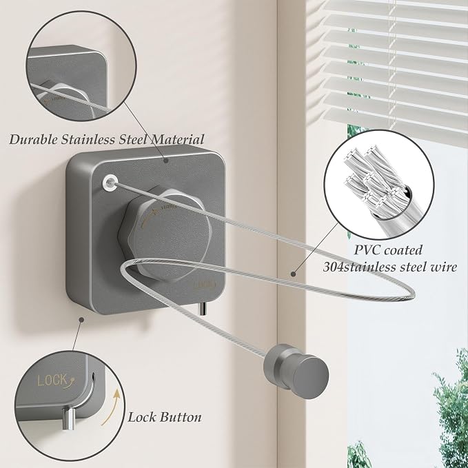 Danpoo Stainless Steel Retractable Clothesline Heavy Duty - 13.7ft Adjustable Tension Non-Drop Clothes Line, Rustproof Metal Wall Mounted Laundry Line(Gray)