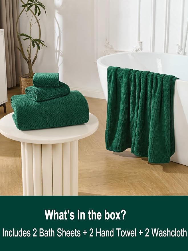 Extra Large Bath Sheets Set 6-Piece, 2 Bath Towels 40x80 Inches, 2 Hand Towels, 2 Washcloths, Soft Absorbent Quick Dry Microfiber Towels for Bathroom Beach Pool Gym Spa, Dark Green