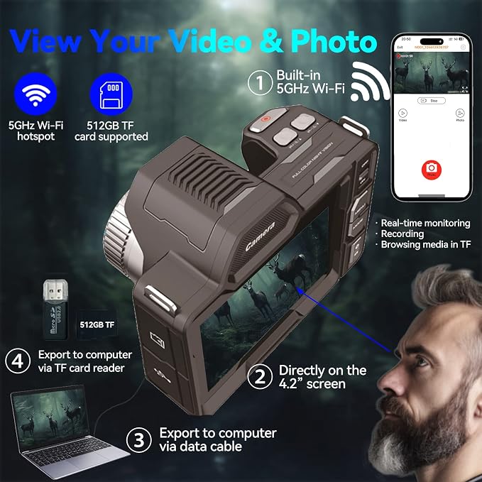 Night Vision Binoculars for Adults - Full Color in Darkness, 4K Video with Sound, Nightvision Goggles Military Grade, 4.2" OLED Screen, Hunting Accessories, 64GB TF Card, Gadgets for Men