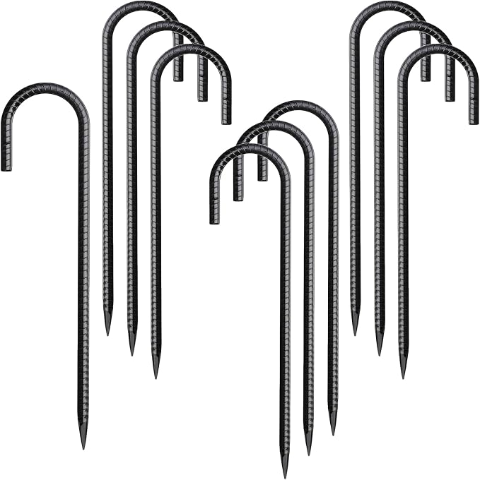 Rebar Stakes 12 Inch 10 Pack Tent Spikes Heavy Duty Metal J Hook, Fence Stakes for Trampoline, Fence, Camping Tent (10, J-12 x5/16 Black)