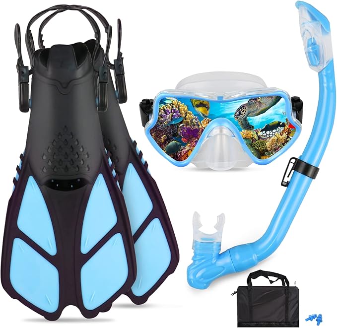 Kids Snorkeling Set - Adjustable Flippers + Panoramic Snorkel Mask + Dry Snorkel Tube + Travel Bags - Suitable for Kids & Juniors, Age 5-14