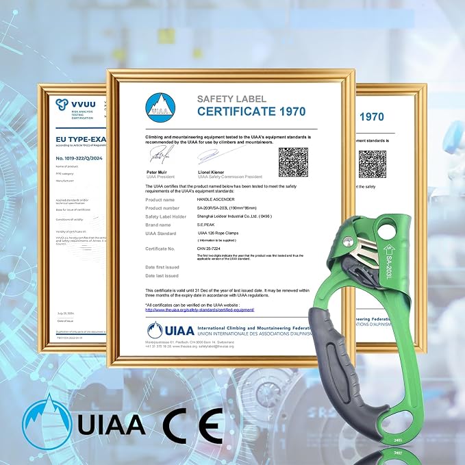 UIAA & CE Certified Climbing Rappelling Equip Hand Ascender Left Right Hand for 8-13mm Rope 4kN
