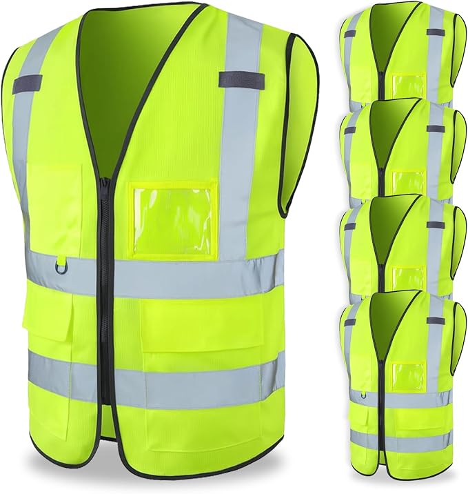 FATONE Hi Vis Safety Vest for Men with Reflective Strips, Class 2 High Visibility Vest with Pockets for Construction, Traffic, Warehouse, Security, Volunteer, 5 Pack Yellow, M