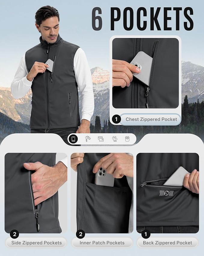 Outdoor Ventures Men's Windproof Softshell Vest Outerwear Lightweight Sleeveless Jacket for Running Golf Hiking Travel