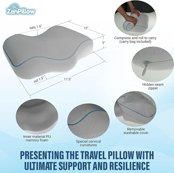 Unique Cervical Travel Pillow, Contour Shaped Memory Foam Neck Pillow - Ergonomic Pillow for Neck and Shoulder Pain - Versatile Camping Pillow