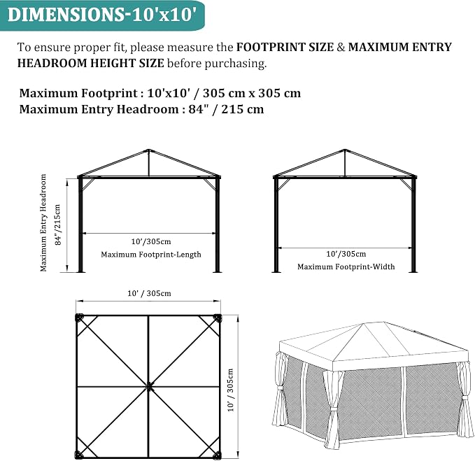10x10ft Universal Replacement Mosquito Netting, Universal Gazebo Netting with Zippers for Outdoor Garden Patio Gazebo 4-Panel Screen Sidewalls, Black (Mosquito Net Only)