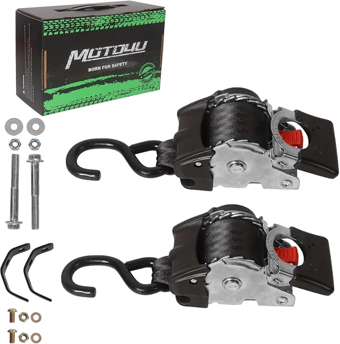 MOTO4U 2" x 9' Stainless Steel Retractable Ratchet Straps,Bolt on Retractable Ratchet Straps,Heavy Duty Transom Tie Downs with Extension & Bolt Set for Motorcycle, Trailers, Boats, ATVs, UTVs