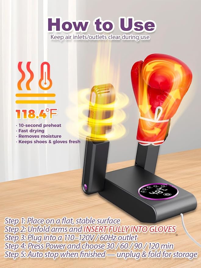 Boxing Glove Dryer with Smart Display& Storage Bag, Portable Glove Dryer& Moisture Remover, Constant Temperature Punching Gloves Dryer with Adjustable Heat& Timer for Home Gym(Black)