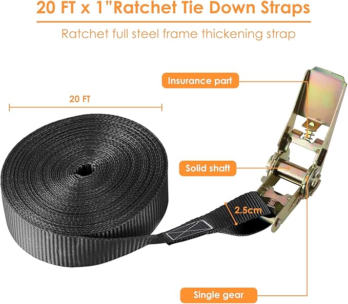 LIFERUN 10 Pack 1" x 20' Ratchet Straps Heavy Duty, 1760lbs Break Strength Endless Ratchet Strap, NO Hook, Tie Down Straps for Motorcycles, Goods, Luggage,Black