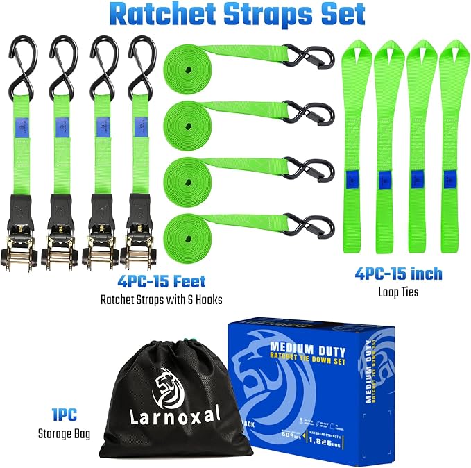Ratchet Straps 4 Pack - 1,826 Lbs Break Strength 1 in x 15 Ft Medium Duty Ratchet Tie Down Straps with S Hooks Set for Truck, Cargo Van, Trailer, Motorcycle (Green)