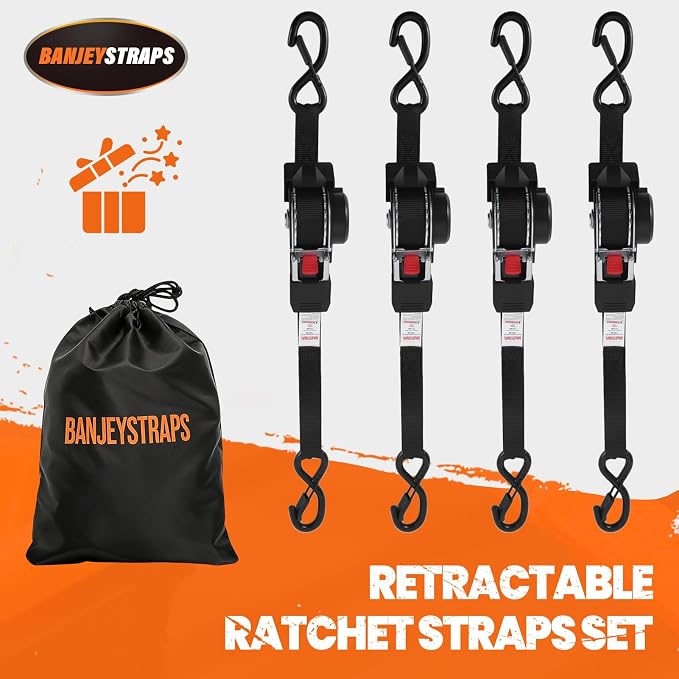 Self Retracting Ratchet Straps 1" x 10' (4-Pack) - Black Heavy Duty Tie Down Straps with Auto Retract, 1540lb Break Strength for Truck, Motorcycle, ATV, Cargo Trailer