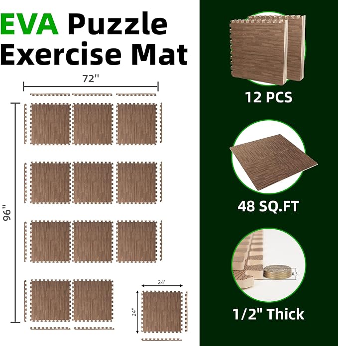 Art3d 12 Pack 24" x 24" EVA Interlocking Exercise Mats, 1/2" Thick Foam Puzzle Flooring for Workout, Gym Equipments, Training Areas, 48 Sq.FT, Dark Walnut