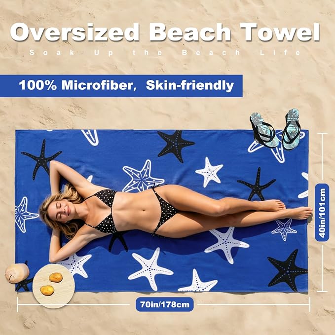 Jessy Home Microfiber 4 Pack Beach Towel Set, 40x70in Oversized Beach Towel, Quick-Dry Sand-Free Highly Absorbent Swim Towel, Soft Pool Towel, Marine Mixed Prints of Starfish & Sea Turtle for Vacation