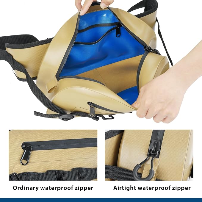 THKFISH Waterproof Fishing Waist Pack, Large Fishing Tackle Bag with Adjustable Strap, Airtight Zipper Closure, Lightweight Sling Fishing Waist Bag for Fly Fishing, Brown