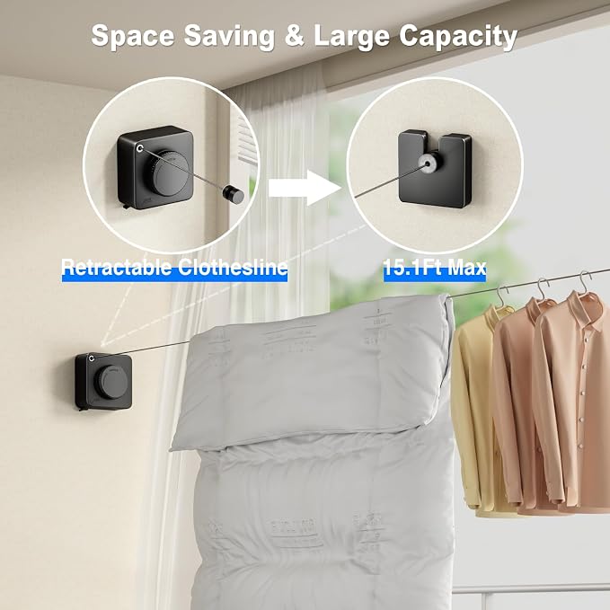 MUSTORN Retractable Clothesline Indoor, Non-Sagging Outdoor Clothes Line Retracting Heavy Duty Clothes Drying Laundry Line Wall Mounted Stainless Steel Line-15.1 Feets(Black)