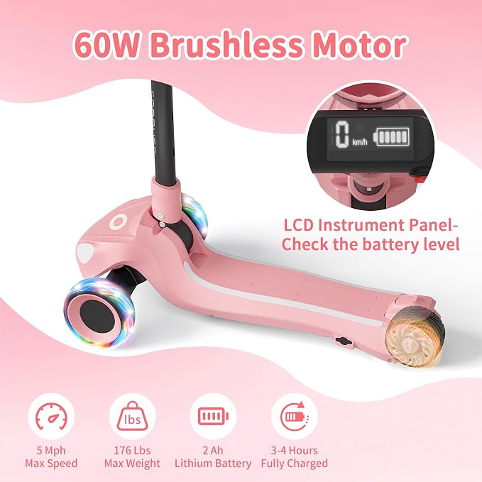 Electric Scooter for Kids with 3 LED Lighted Wheels, Adjustable Height & Lean-to-Steer, Anti-Slip Deck with Lights, Easy-Fold Mechanism, Balance Scooter for Kids,Toddlers