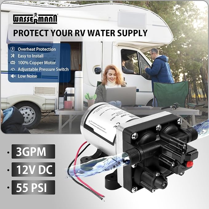 WASSERMANN RV Water Pump 12V DC 4008-101-A65/E65 Replacement, 3.0 GPM 55PSI, Quiet Water Pump for Camper RV Shower Garden Industrial Yacht Sprayer Food Truck Travel Trailer Water Pumps with Acessories