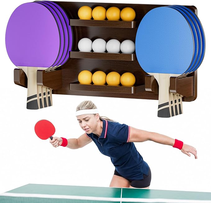 Ping Pong Paddle Holder for 8 Paddles and 12 Ball Storage, Wooden Table Tennis Racket Display Wall Mount Storage Rack, Ping Pong Accessories Organizer in Game Room,Man,Cave,Office,Home, Brown
