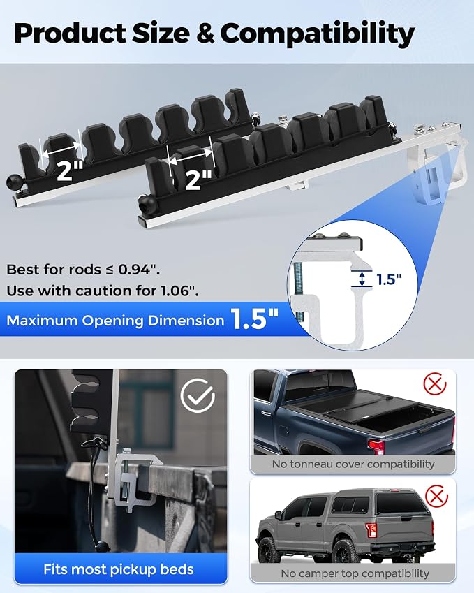 Aluminum Fishing Rod Holder for Truck Bed Holds 4 Fishing Rods, Truck Bed Fishing Rod Holder for Pickup, Gift for Truck Owners, Fishing, Outdoors, Dad, Family