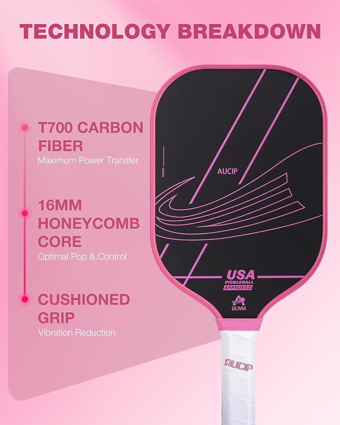 Pro Pickleball Paddle Pink - T700 Carbon Fiber Pickleball Paddle with 16mm Polymer Honeycomb Core, USAPA Certified, Cushion Grip, Perfect for Advanced Control