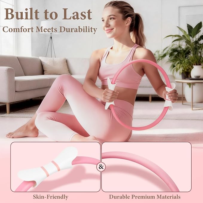 Pink Pilates Ring Kit with 14 inch Magic Circle & Foam Roller, Ergonomic Home Workout Equipment Set, Full Essentials for Women Beginners - Includes Exercise Guide & Storage Bag