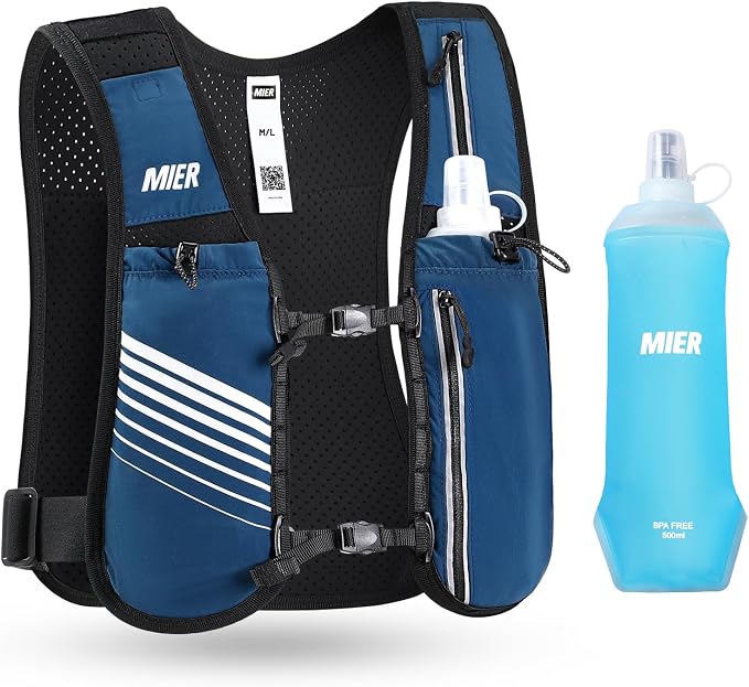 MIER Running Vest for Women Men, Lightweight Breathable Hydration Vest with 500ml Soft Flask Reflective Hydration Backpack for Marathon Cycling Hiking Jogging