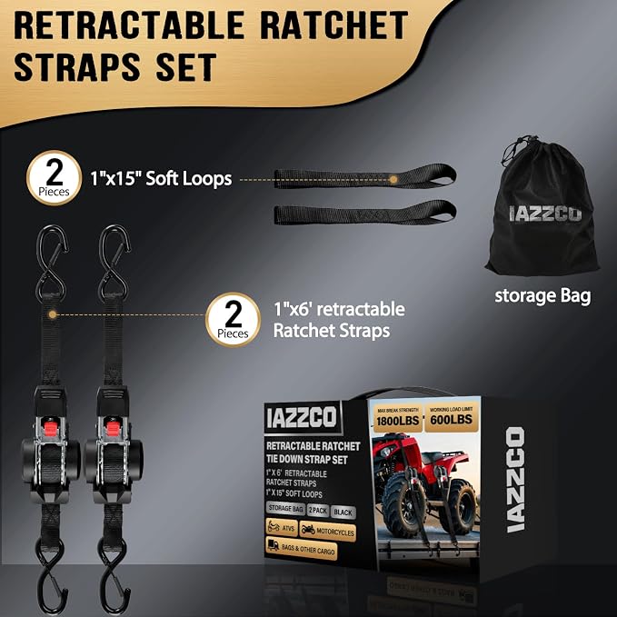 6FT Retractable Ratchet Straps(2-Pack) - 1 Inch (1800 LB Break Strength) Heavy Duty Self Retracting Ratchet Straps with Soft Loops & Storage Bag for Household, Motorcycle, Truck, ATV(Black)