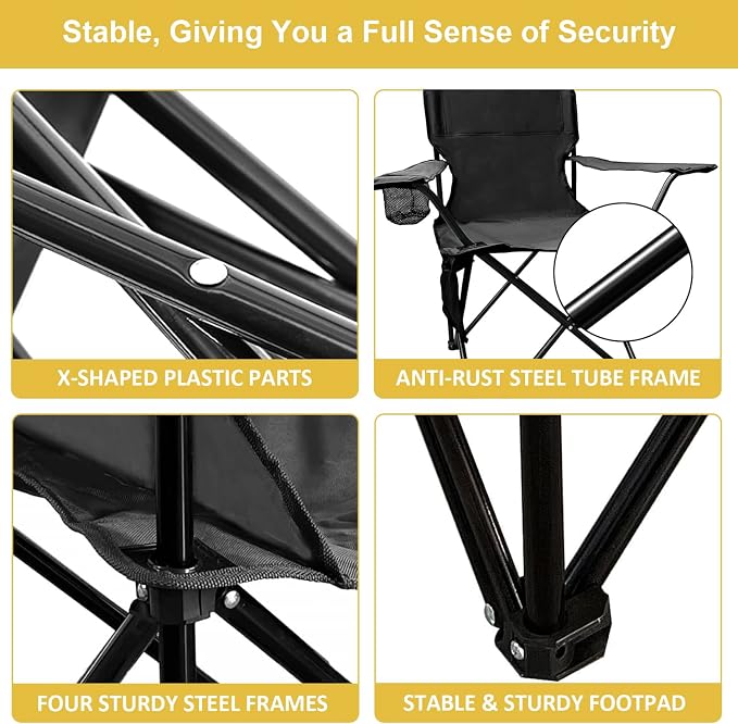 Folding Camping Chair with Cup Holder & Storage Bag, 225lbs Capacity, Large Anti-Sink Feet, Breathable PE Coated Fabric for Outdoor, Hiking, Beach, Fishing, Backpacking, 2PCS Black
