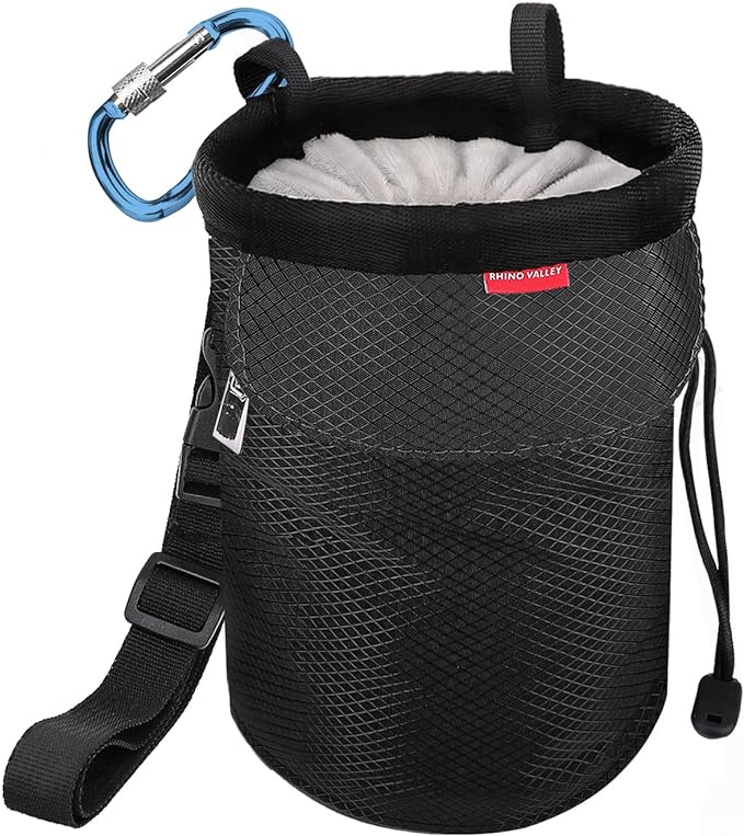 Rhino Valley Climbing Chalk Bag, No Leak Drawstring Chalk Bag with Adjustable Belt, Carabiner Clip and Zippered Pockets Chalk Bag for Rock Climbing, Cross Fit, Weight Lifting & More