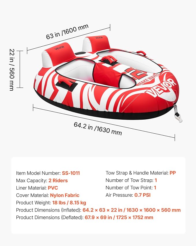 VEVOR Towable Tubes for Boating, 2-Rider Inflatable Boat Tubes and Towables, 340 lbs Capacity Water Sport Tubes for Boat to Pull - with 2 Cockpits, Full Nylon Cover, Padded Grab Handles & Safety Valve