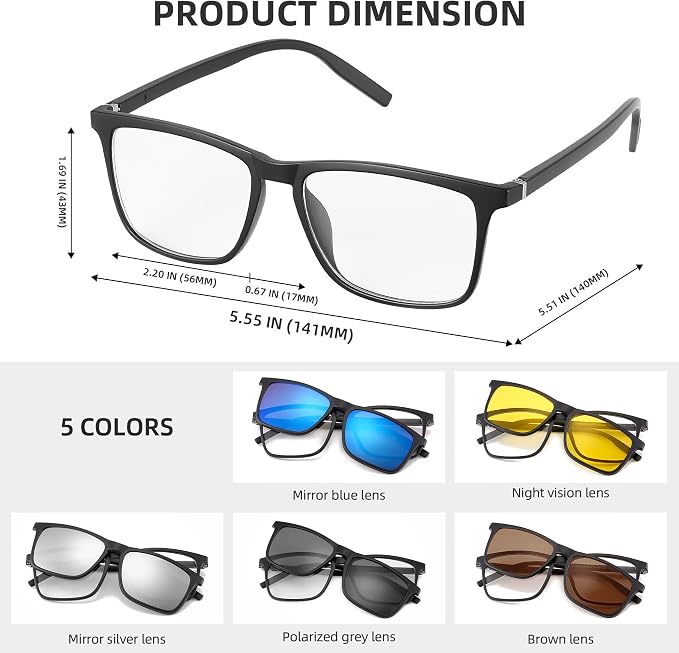 JIM HALO Magnetic 5Pcs Polarized Clip-on Sunglasses Plastic Frame for Night Driving