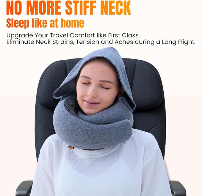 LOEXAIR™ Hooded Pro Travel Pillow - Memory Foam Neck Support Pillow for Airplane, Flight - Super-Soft Pure Cotton Fabric, Maximum Privacy & Light-Block Design, Lightweight Full Travel Kit - Light Grey