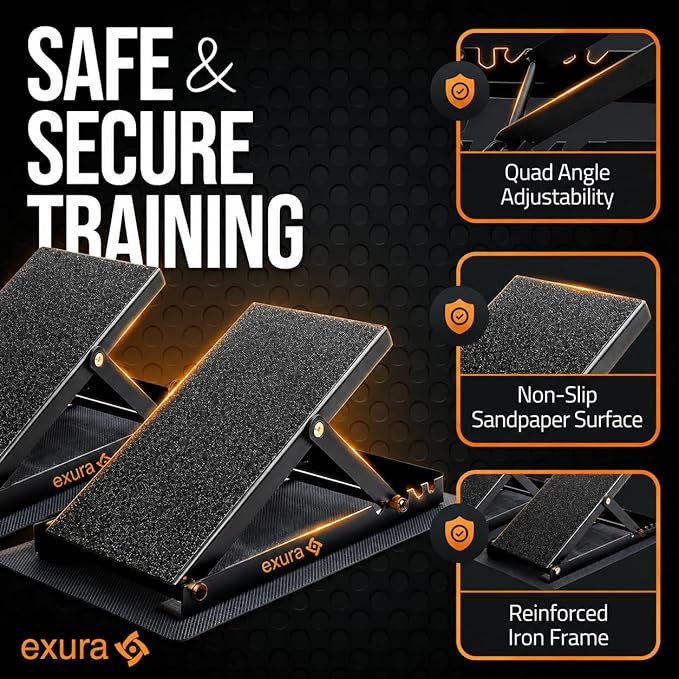 EXURA Slant Board for Calf Stretching & Plantar Fasciitis Relief, Adjustable Wide Metal Squat Wedge, Calf Stretcher for ATG Training, Knees Over Toes & Physical Therapy