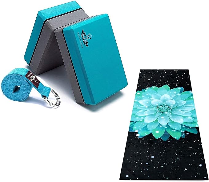 Heathyoga Yoga Sets - Yoga Blocks and Strap Set, Microfiber Yoga Towel with Exclusive Corner Pockets Design + Free Spray Bottle