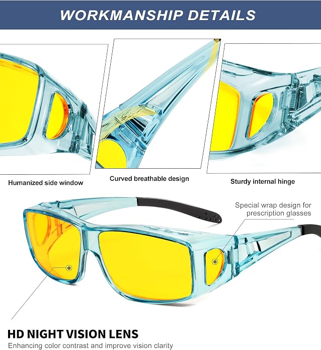 KALIYADI Night-Vision-Glasses Fit-Over-Glasses Wrap-Around Glasses: Anti Glare Night Driving Glasses for men women HD Lens