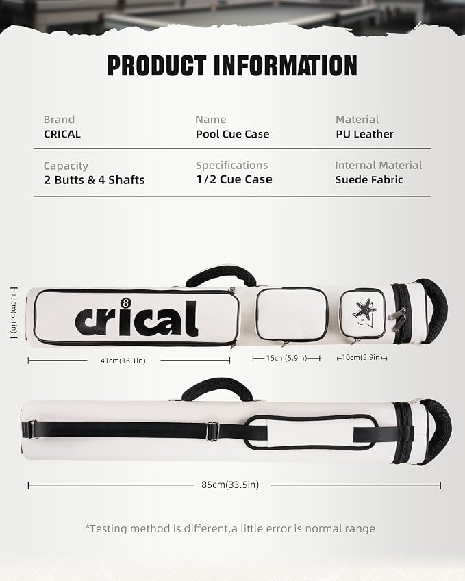 CRICAL Pool Cue Case 2x4 Hard Pool Stick Case Holds 2 Butts and 4 Shafts for Adults Billiard Cue Case with Soft Shoulder Straps