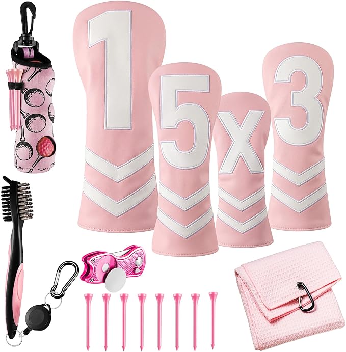 16 Pcs Golf Accessories Kit, 4 Pcs Leather Golf Club Headcovers for Woods, Drivers & Hybrids with Magnetic Ball Marker, Tees & Cleaning Brush Set for Men & Women