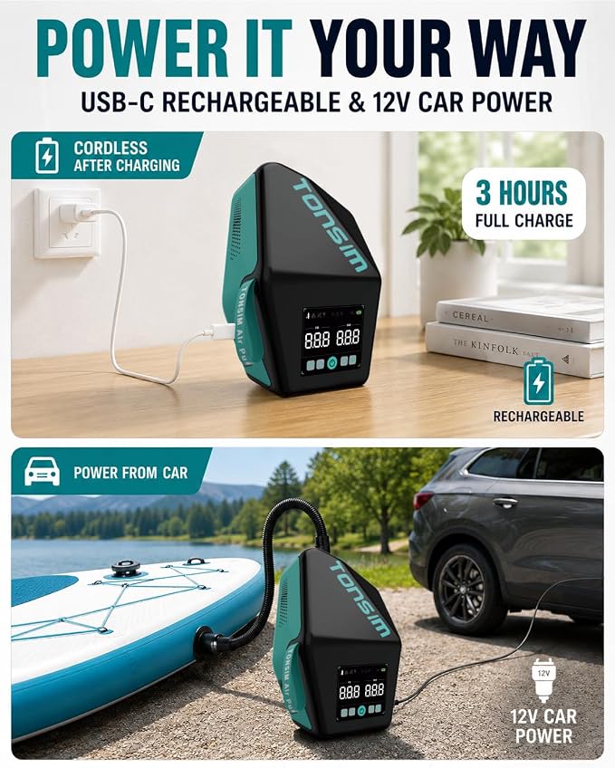 Tonsim Electric Paddle Board Pump Rechargeable 20 PSI, 15600mAh Cordless SUP Pump with 4 Modes, Dual-Stage Inflation & Deflation, Auto-Off, 12V DC Car Connector, LED Light, Black