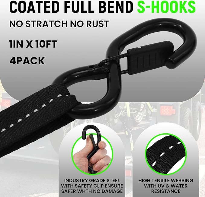 Retractable Ratchet Straps (Patented-4pack) - 1 inch x 10Feet (1,800lb Break Strength) Auto Self Retracting Tie Down Straps - Self Retractable Straps with Refletcive for Motorcyle, Truck or Cargo