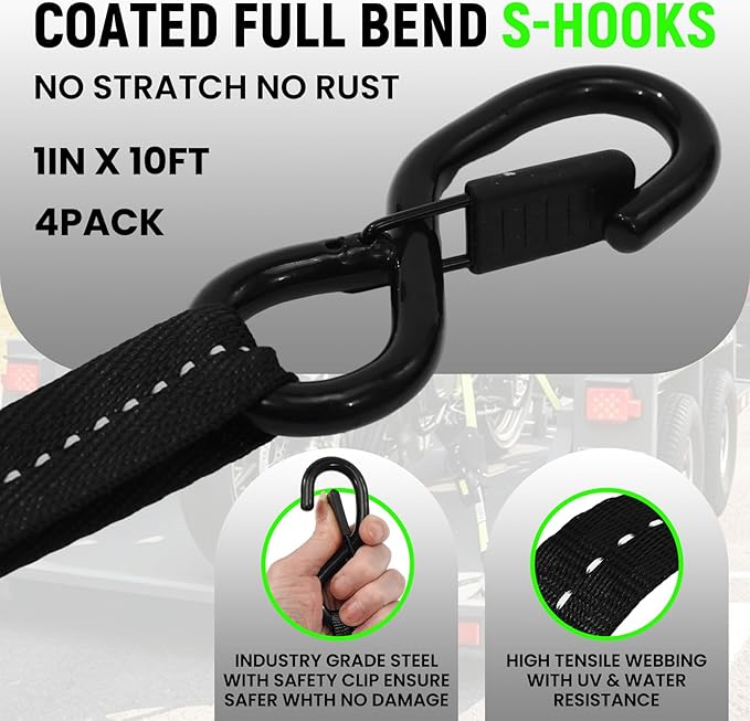 Retractable Ratchet Straps (Patented-2pack) - 1 inch x 10Feet (1,800lb Break Strength) Auto Self Retracting Tie Down Straps - Self Retractable Straps with Refletcive for Motorcyle, Truck or Cargo