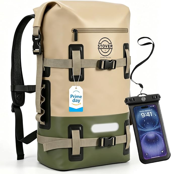 STOVER 30L Waterproof Dry Backpack & Phone Case - X-Large Floating Dry Bag for Kayaking, Travel, Hiking, Fishing, Camping, Motorcycles & Beach, Heavy-Duty Roll Top Men/Women (Tan/Army Green/Brown)