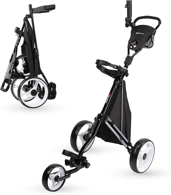 PRECISE Cruiser 3-Wheel Golf Push Cart with Foot Brake & Stabilizer Rods – Folding Golf Trolley, Ergonomic Handle, Detachable Storage Bag, Scorecard & Cup Holder