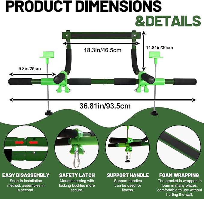 Doorway Swing mount for Kids & Door Pull Up Bar for Adults, Indoor Kid Swing with 4 Accessories, Multi-Function Doorway Gym, Fits Door Frame 24.41-30.51'' W x 3.94-6.69'' Thickness (Dark green)