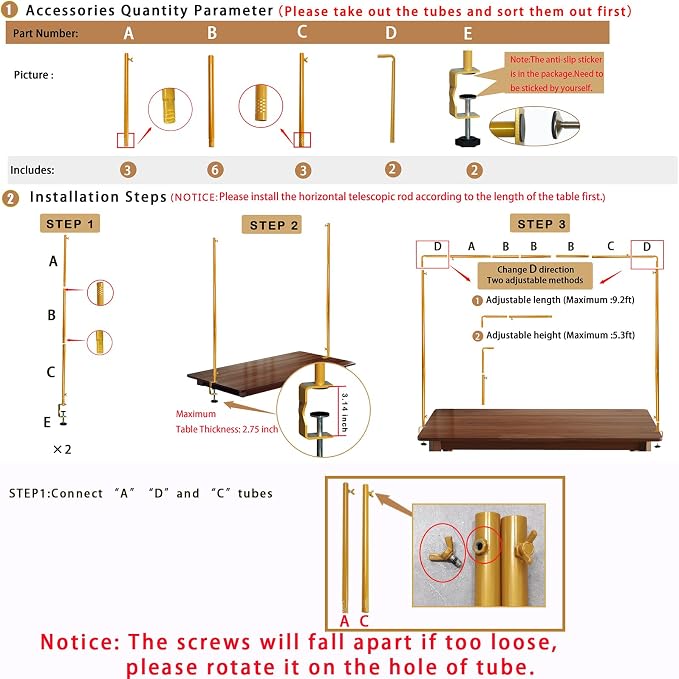 ParseBio Over The Table Rod Stand with Clamps Adjustable 31"-110'' Length 31"-64" Height Gold Table Balloon Arch Stand with Storage Bag, For Valentines Day Party Wedding Anniversary Decoration